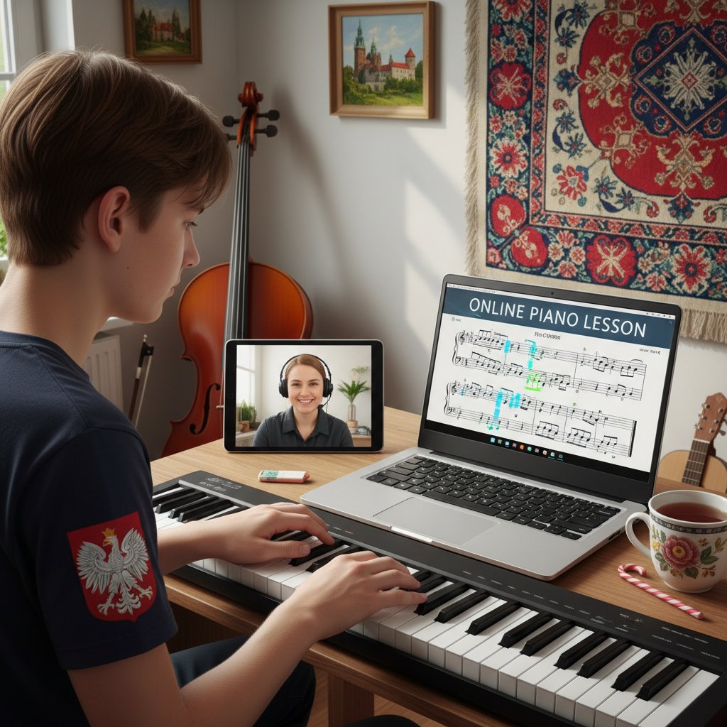 Uczeń podczas lekcji harmonii online na Zoomie, w tle nuty i komputer, atmosfera skupienia