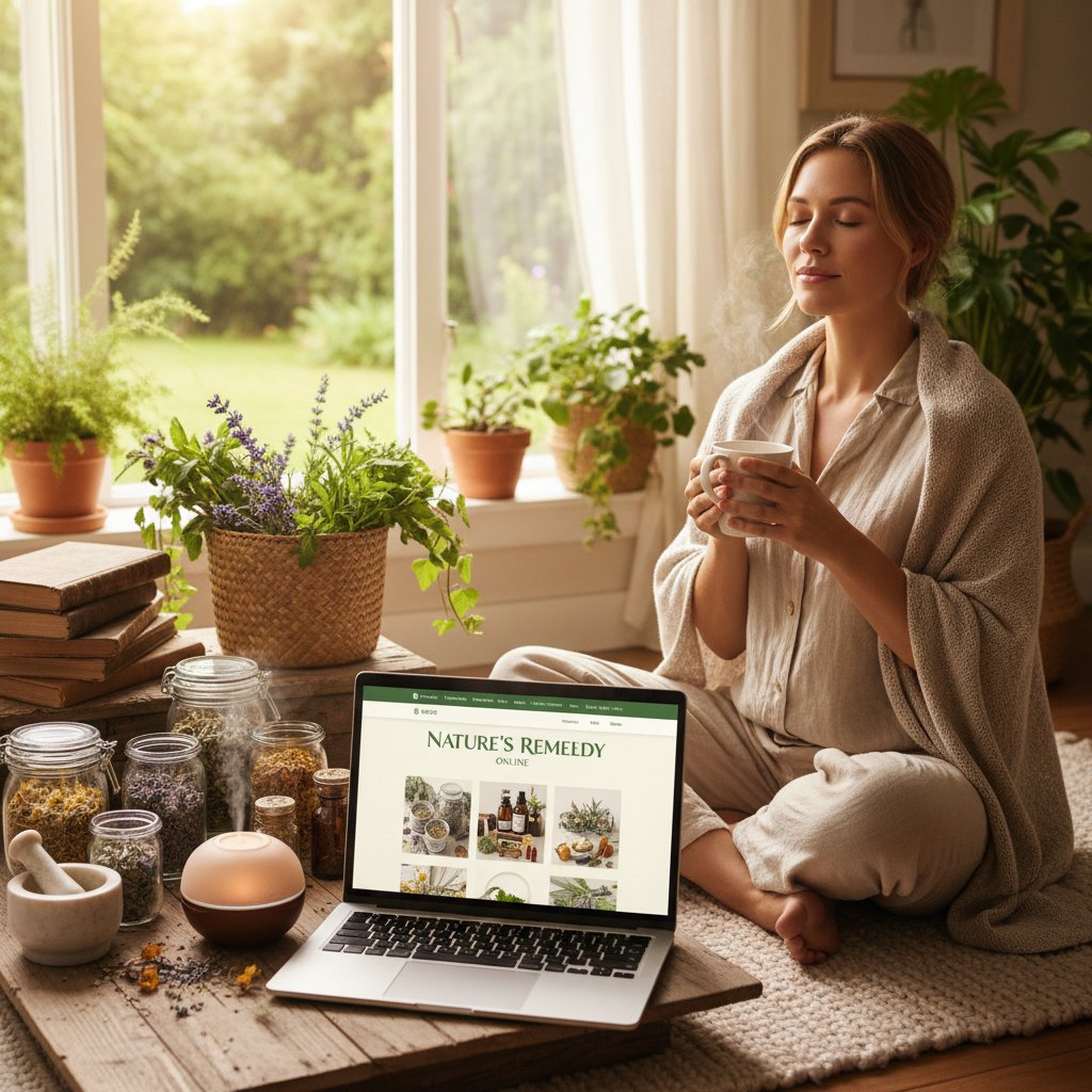 Konsultacja medycyny naturalnej online w domowym zaciszu, relaks, komputer i zioła