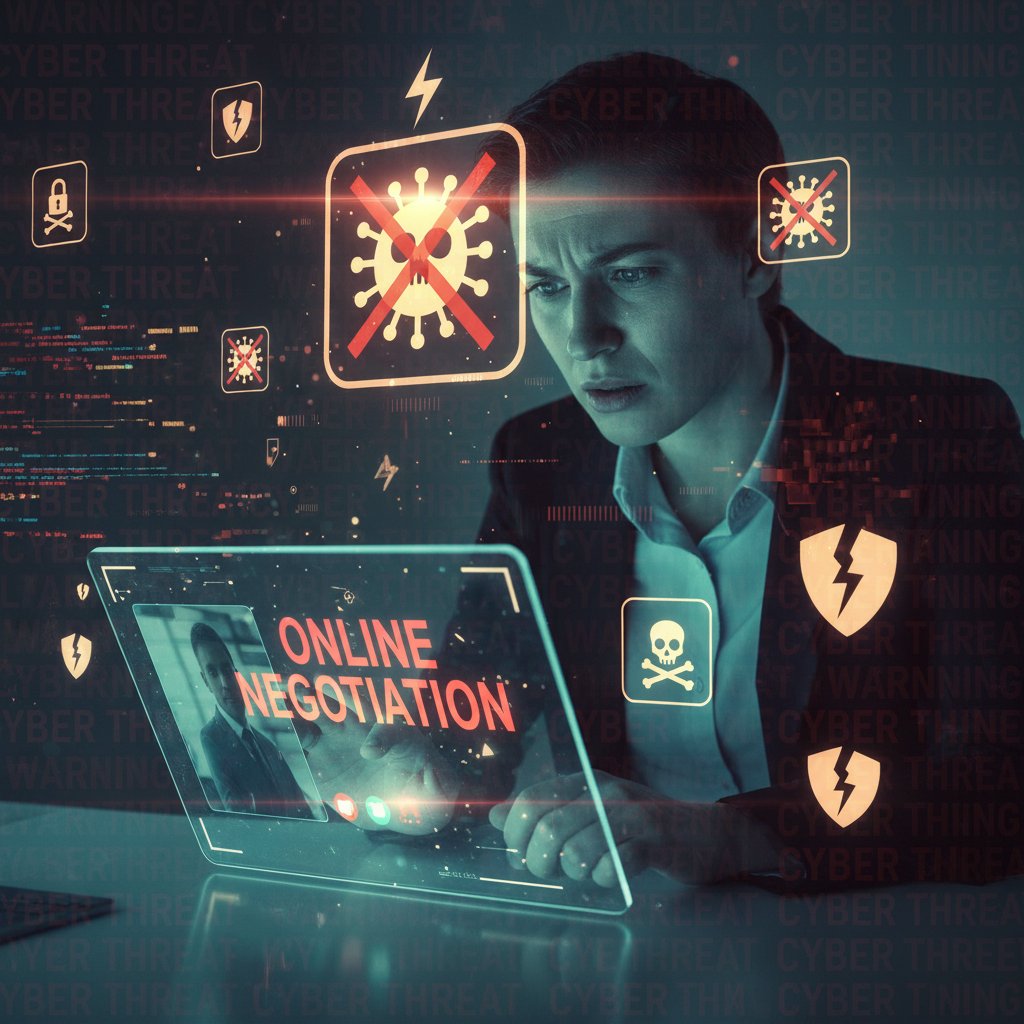 Negocjator zaniepokojony cyberzagrożeniami, tło z kodem i ikonami ostrzegawczymi