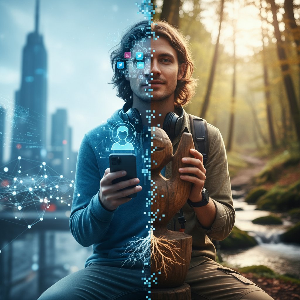 Kontrast między tożsamością online a offline na ilustracji osoby