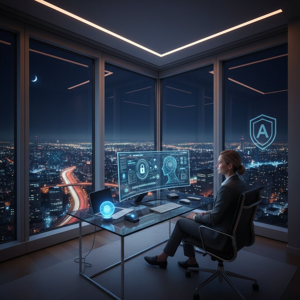 Bezpieczeństwo doradztwa personalnego online – ekspert pracuje przy komputerze na tle miejskiej nocy, światła ekranu i miasta