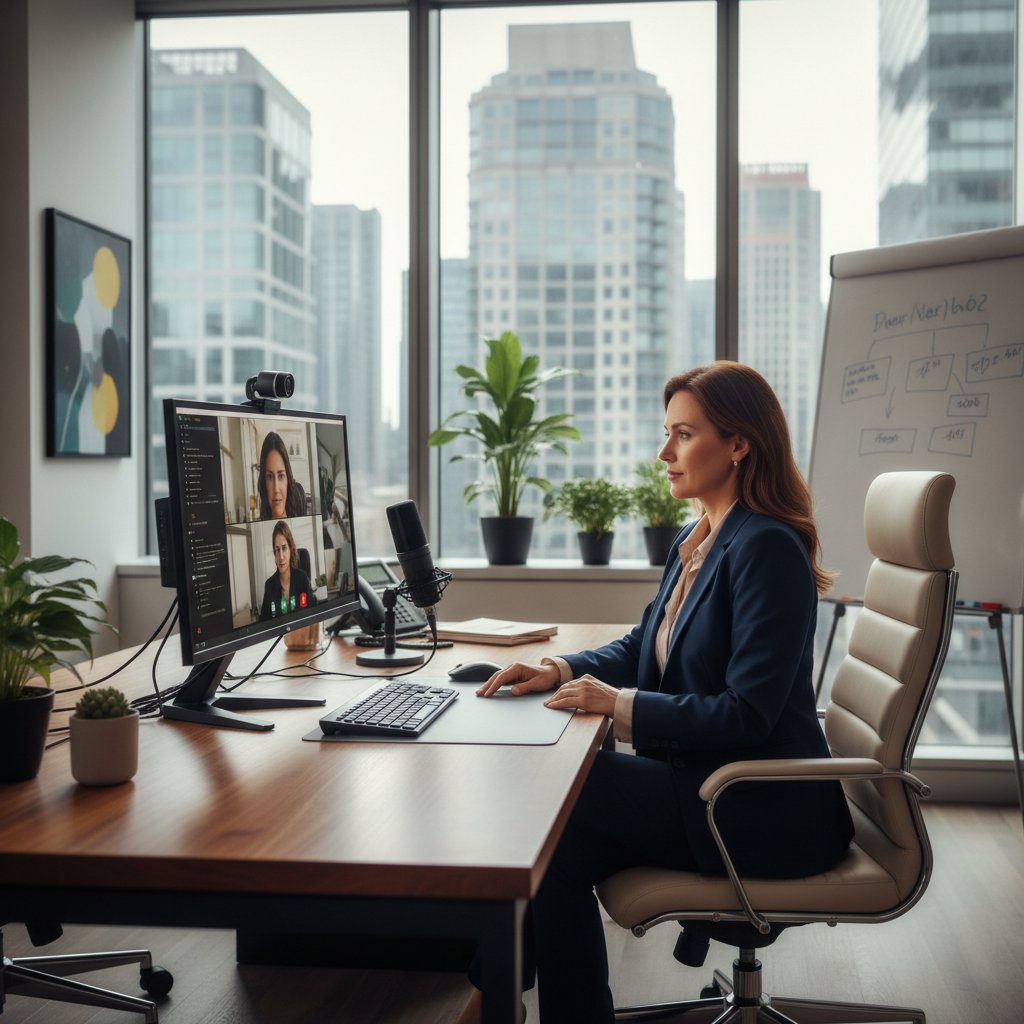 Nowoczesne doradztwo personalne online w biurze, ekspert prowadzi rozmowę przez laptop, widoczne nowoczesne biuro i narzędzia HR