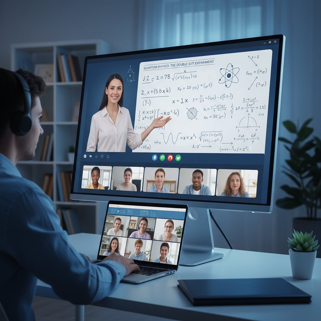 Zajęcia fizyka online na żywo z nauczycielem i uczniami przy komputerach, widoczna tablica wirtualna