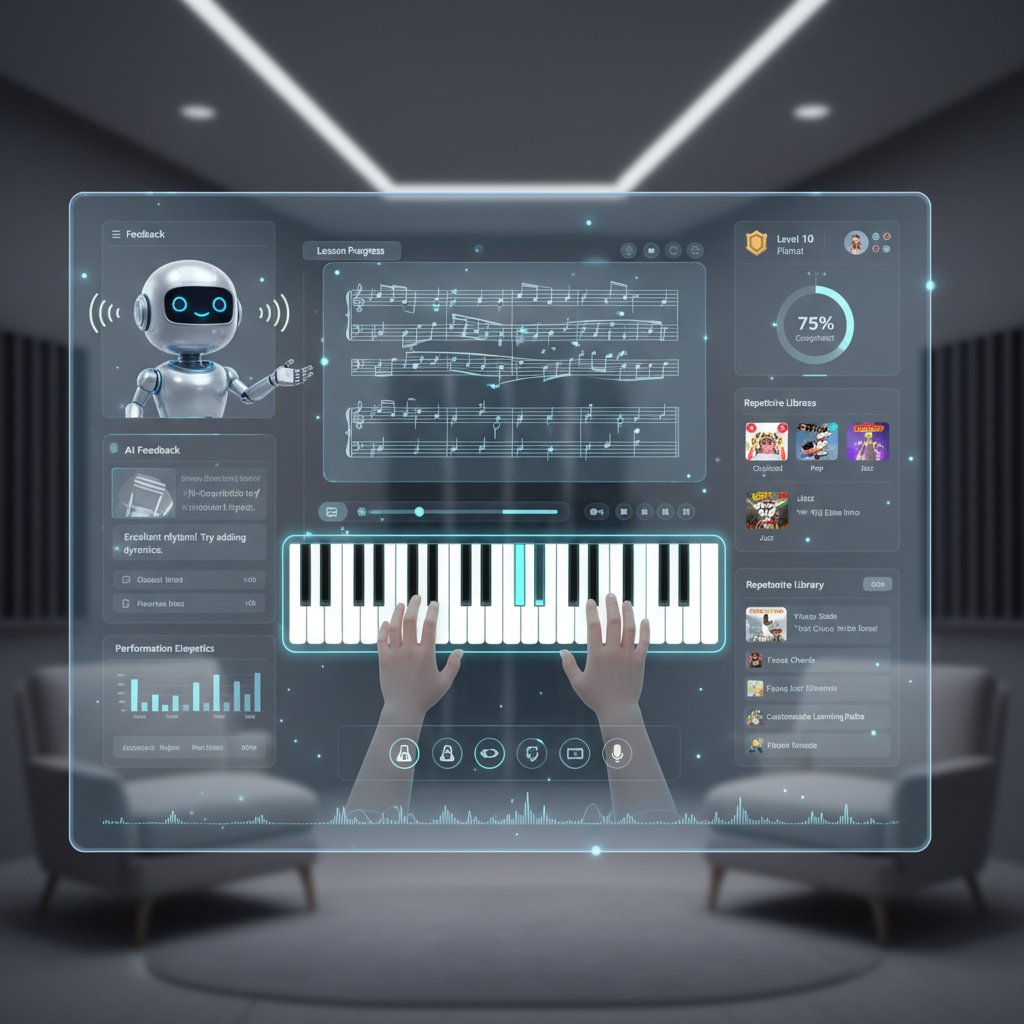 Nowoczesny podział ekranu: nauczyciel na wideorozmowie i AI oceniająca nuty – online korepetycje fortepianowe