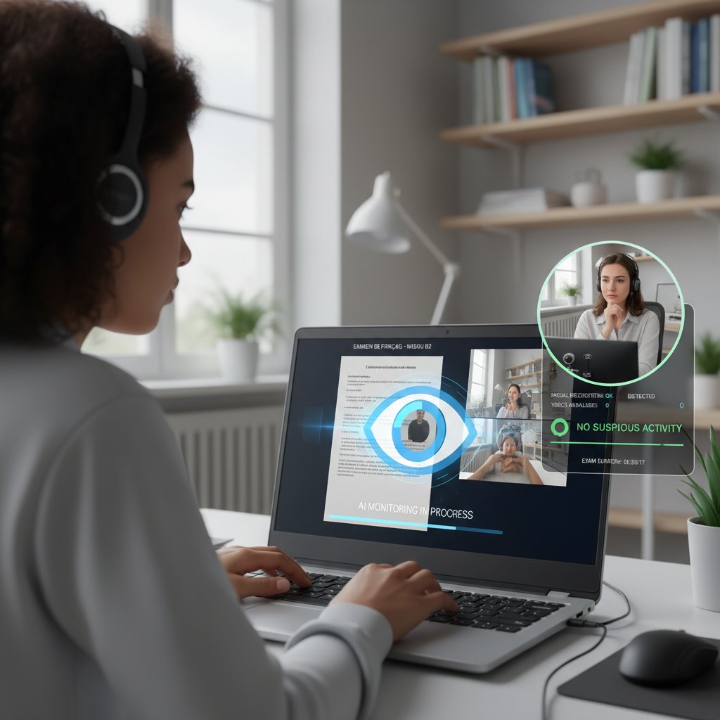 Egzaminator online śledzi zdającego podczas egzaminu francuskiego, ekran z systemem AI