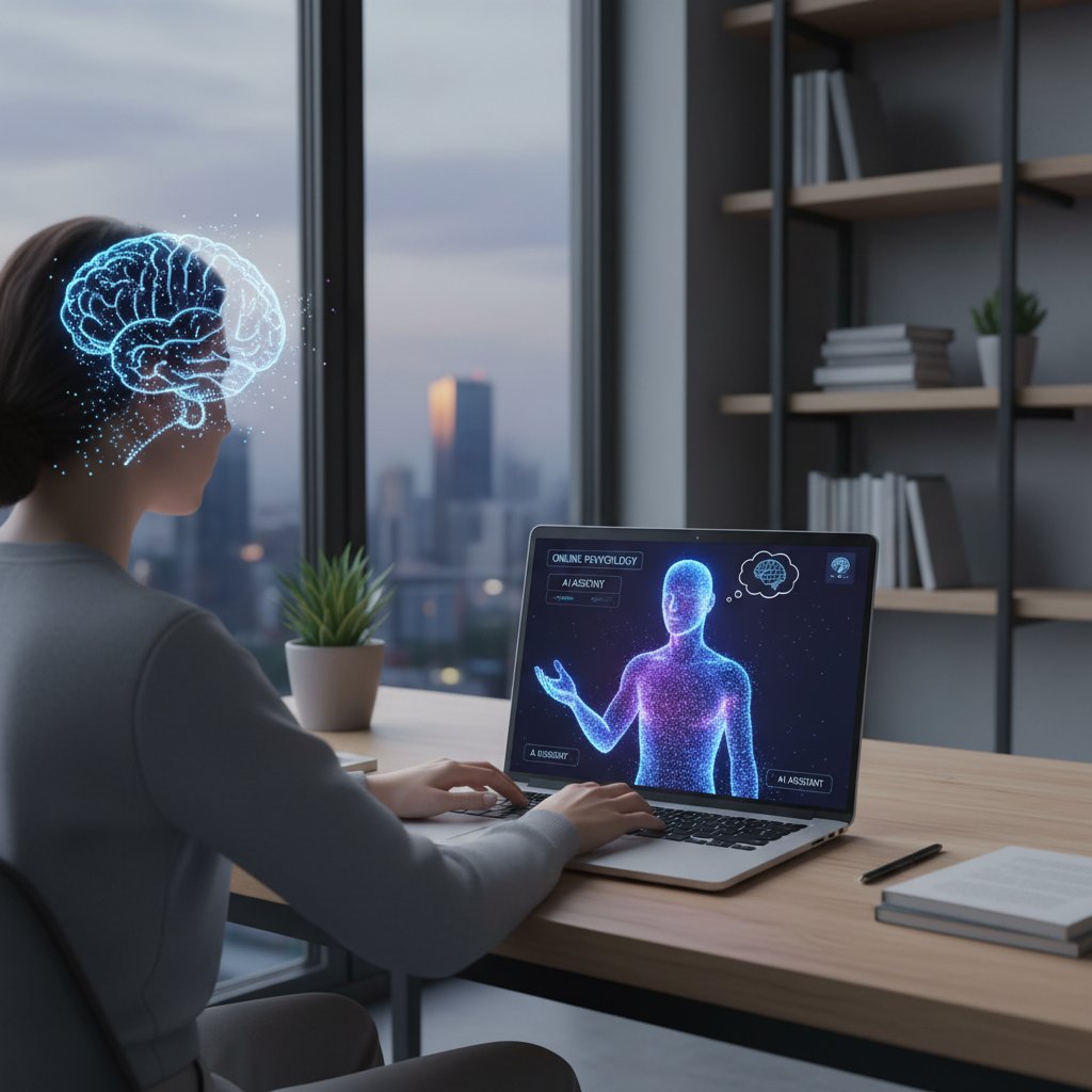 Konsultacja psychologiczna online na laptopie – ilustracja różnorodności rozwiązań, od człowieka po AI