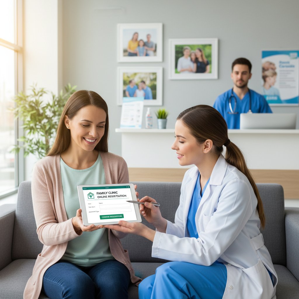 Pacjent korzystający z rejestracji online w poradni rodzinnej, widoczne elementy aplikacji mobilnej i personel medyczny