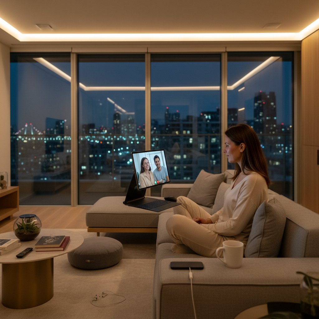 Person beginning online relationship therapy session, city lights outside. Online relationship therapist and digital intimacy in a modern apartment at night