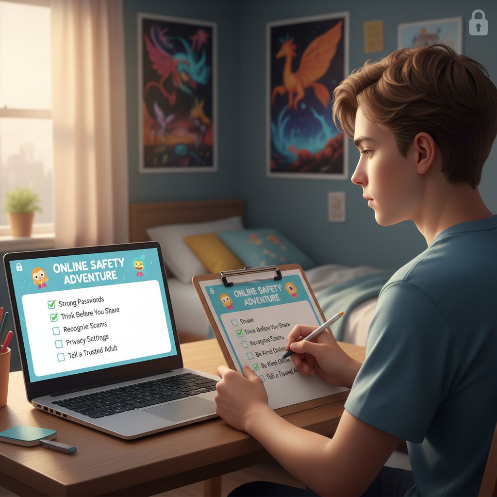 Młoda osoba korzysta z checklisty do bezpiecznych rozmów online