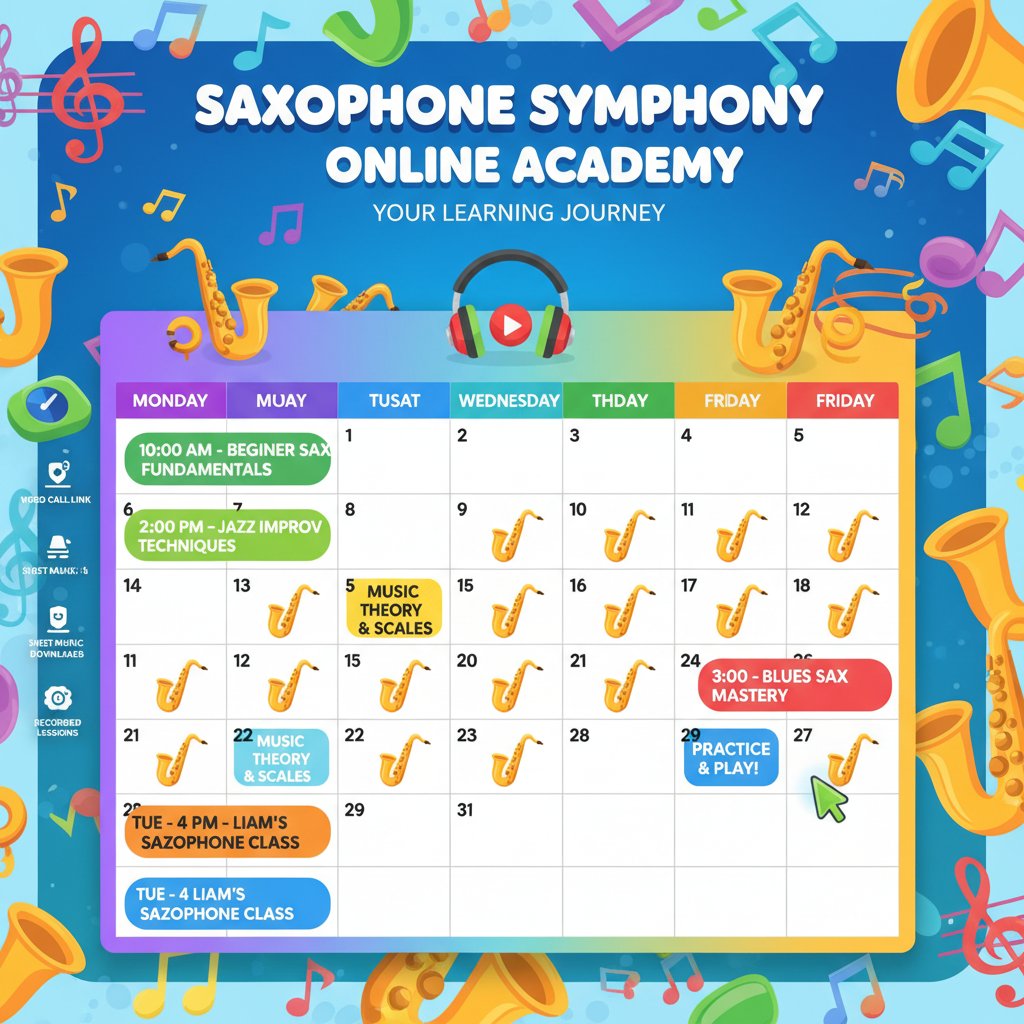 Planer nauki gry na saksofonie online – kolorowy kalendarz, ikony saksofonu