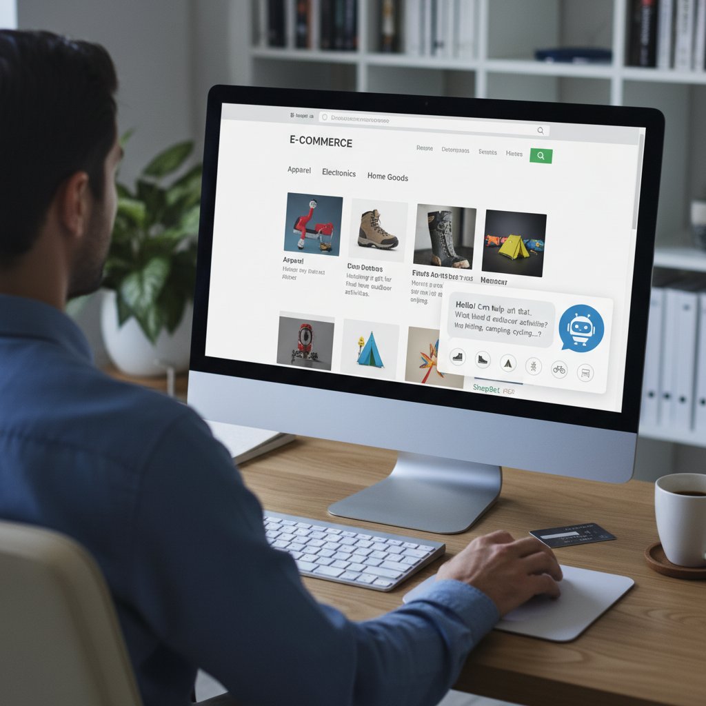 Nowoczesny sklep internetowy, klient korzystający z chatbota przy zakupach