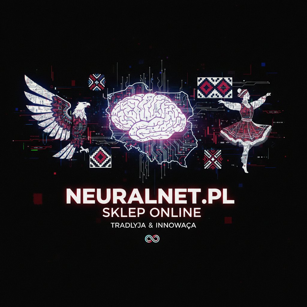 Realistyczna scena przedstawiająca sklep internetowy połączony z siecią neuronową, z subtelnymi polskimi akcentami