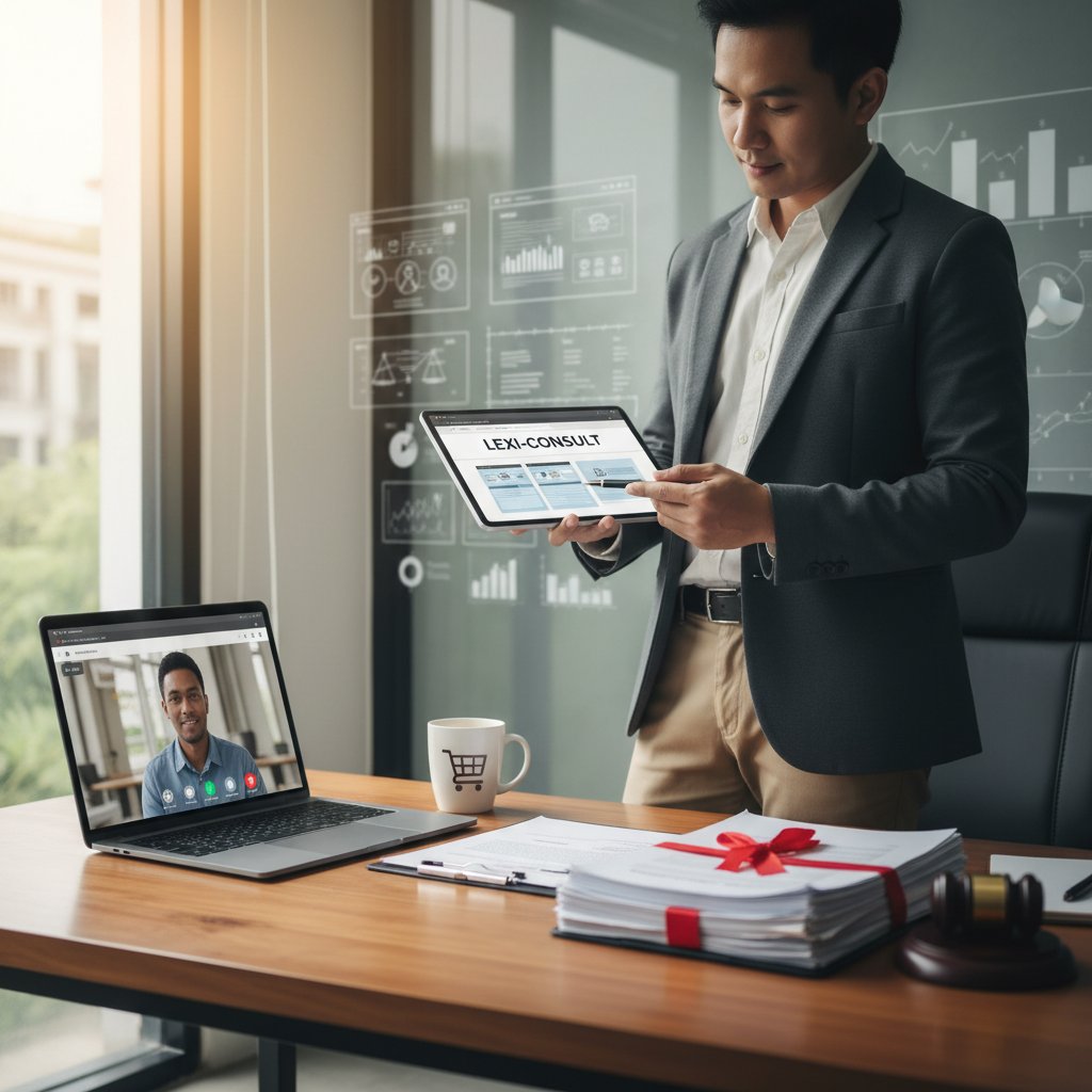 Zdjęcie właściciela sklepu konsultującego opcjonalne elementy regulaminu z prawnikiem