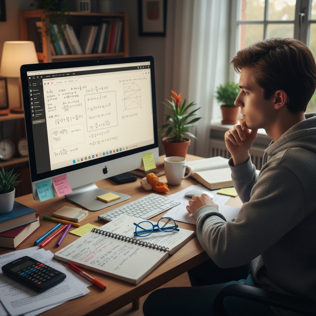 Uczeń przy komputerze podczas lekcji online, ekran z matematyką, notatki na biurku