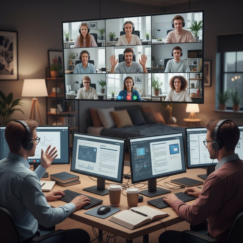 Pracownia online, kilka ekranów z widokiem różnych platform edukacyjnych, licealiści w trakcie nauki grupowej