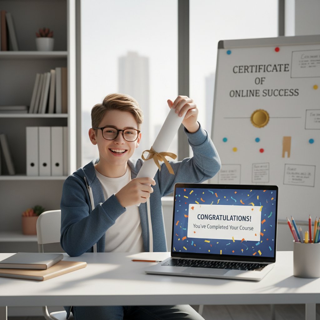 Student cieszący się z sukcesu po egzaminie Goethe online, domowe biurko, certyfikat na ekranie laptopa