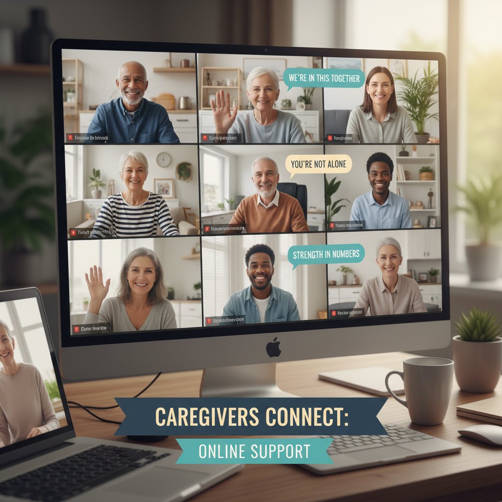 Spotkanie grupy wsparcia online, różne osoby przed komputerami, atmosfera dzielenia się doświadczeniem