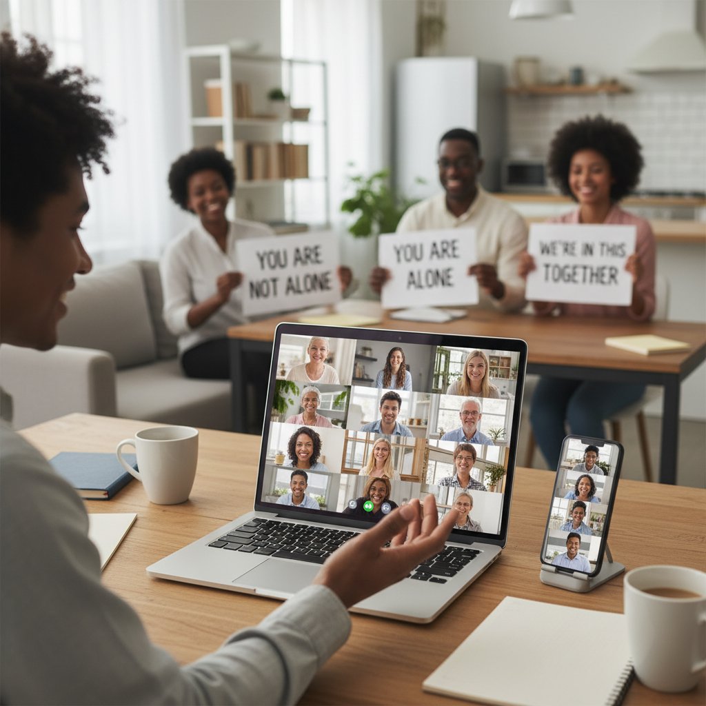 Osoby uczestniczące w grupie wsparcia online na laptopach i smartfonach