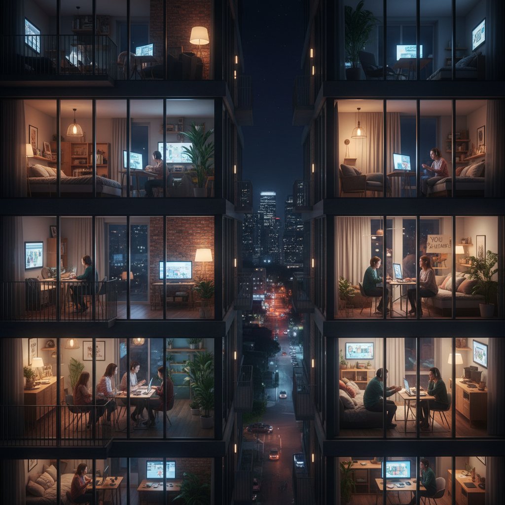 Grupa osób przy komputerach nocą, atmosfera wsparcia online