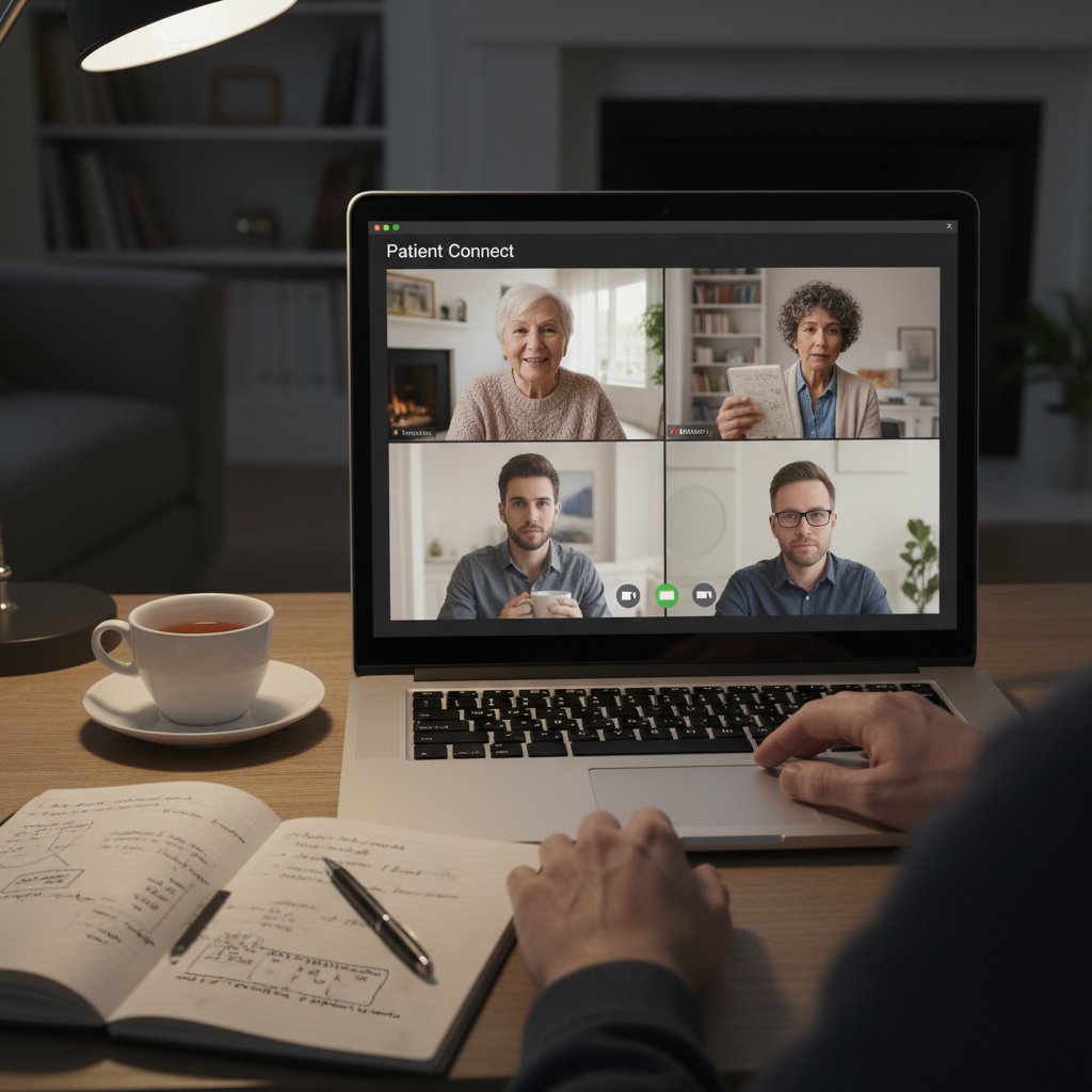 Grupa wsparcia online dla chorych, komputer i notatki