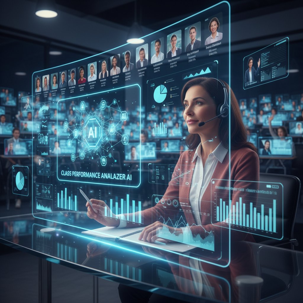 Nowoczesna klasa online, nauczyciel analizuje wyniki uczniów na ekranie, elementy AI