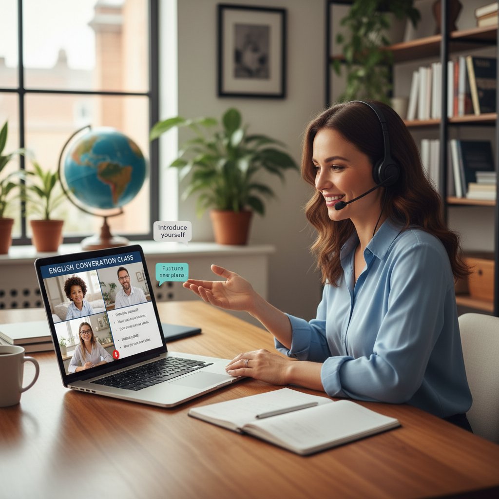 Zdjęcie nauczycielki prowadzącej lekcję online, komunikacja z uczniem przez kamerę