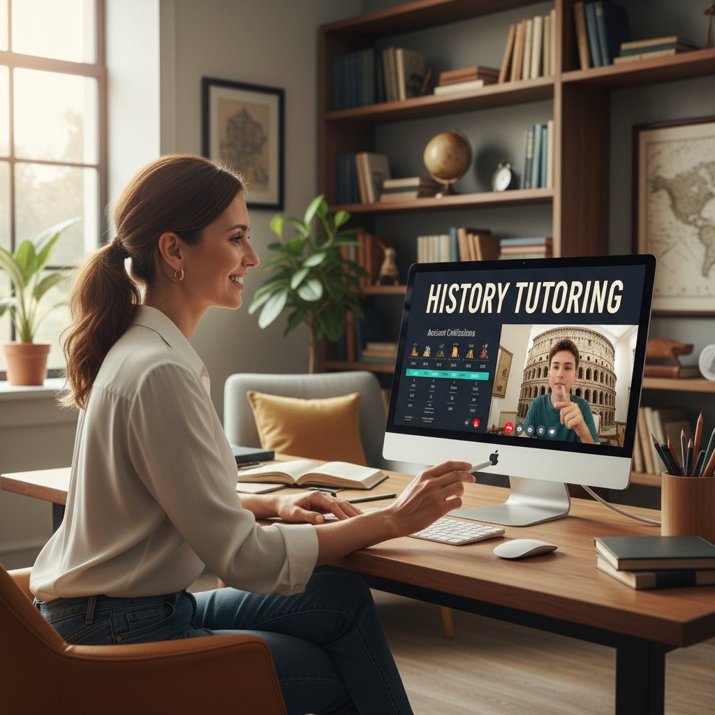Nauczyciel online tłumaczący maturzystce zagadnienia z historii przez wideorozmowę