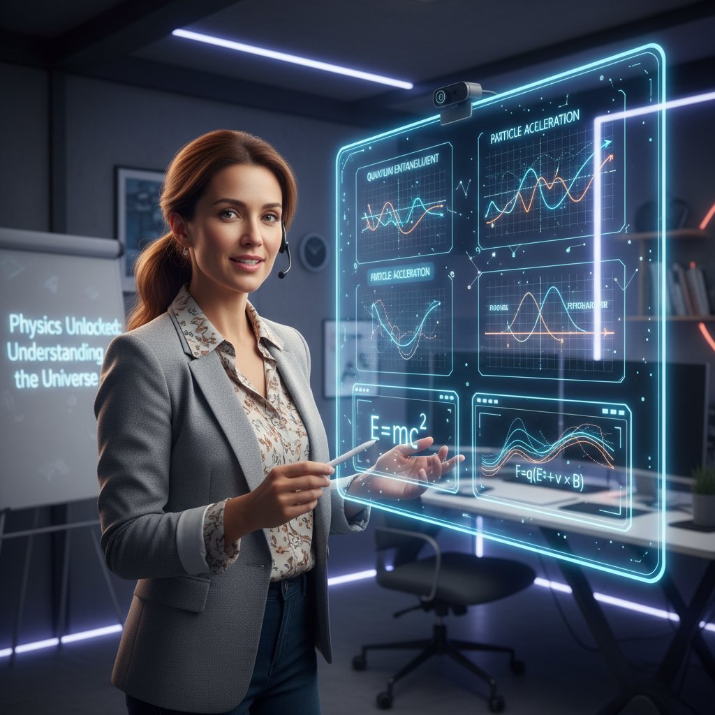 Nauczyciel online tłumaczy fizykę przez kamerę, cyfrowe wykresy na ekranie