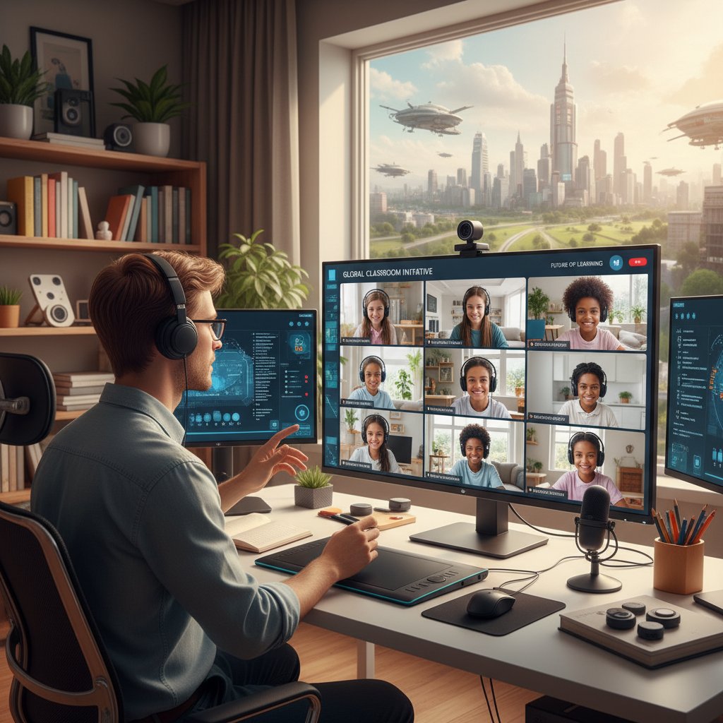 Nowoczesny nauczyciel online z uczniami łączącymi się z różnych miejsc, obrazowanie zmiany modelu edukacyjnego
