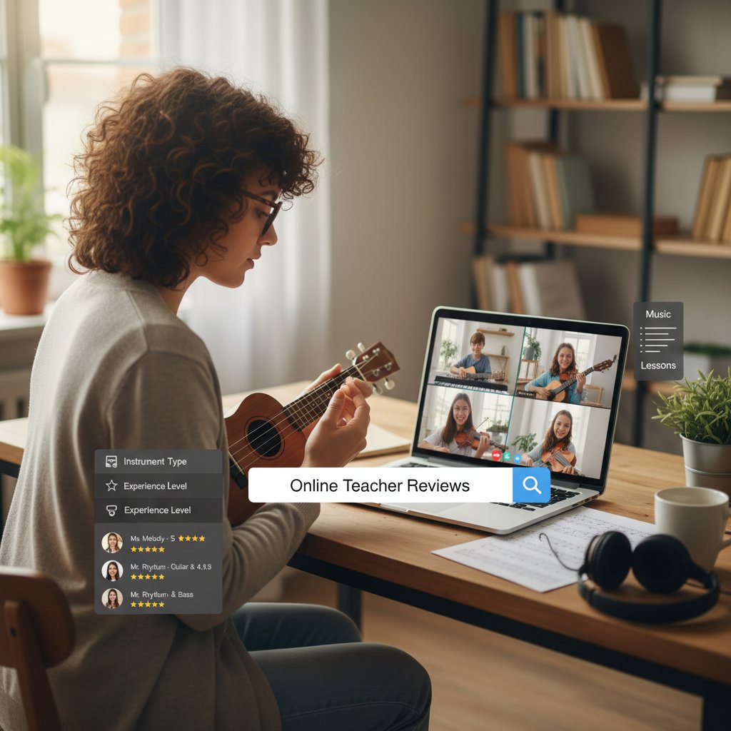 Osoba przeglądająca oferty nauczycieli skrzypiec online na laptopie, z widocznymi opiniami