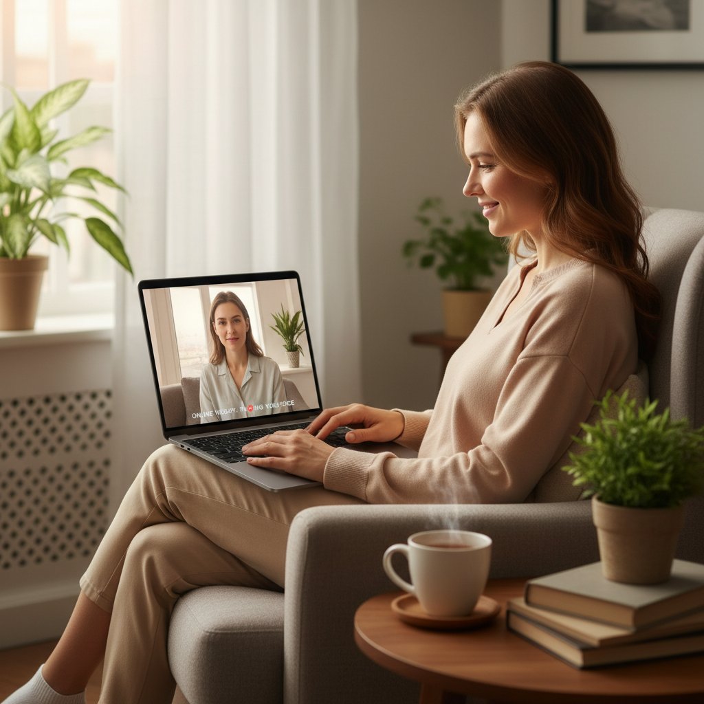 Osoba rozmawiająca z terapeutą online, symbolizująca cyfrowe wsparcie emocjonalne