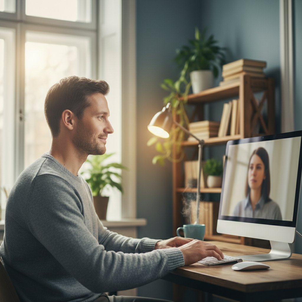 Człowiek rozmawia z psychologiem online, ekran laptopa, domowe otoczenie, atmosfera zaufania