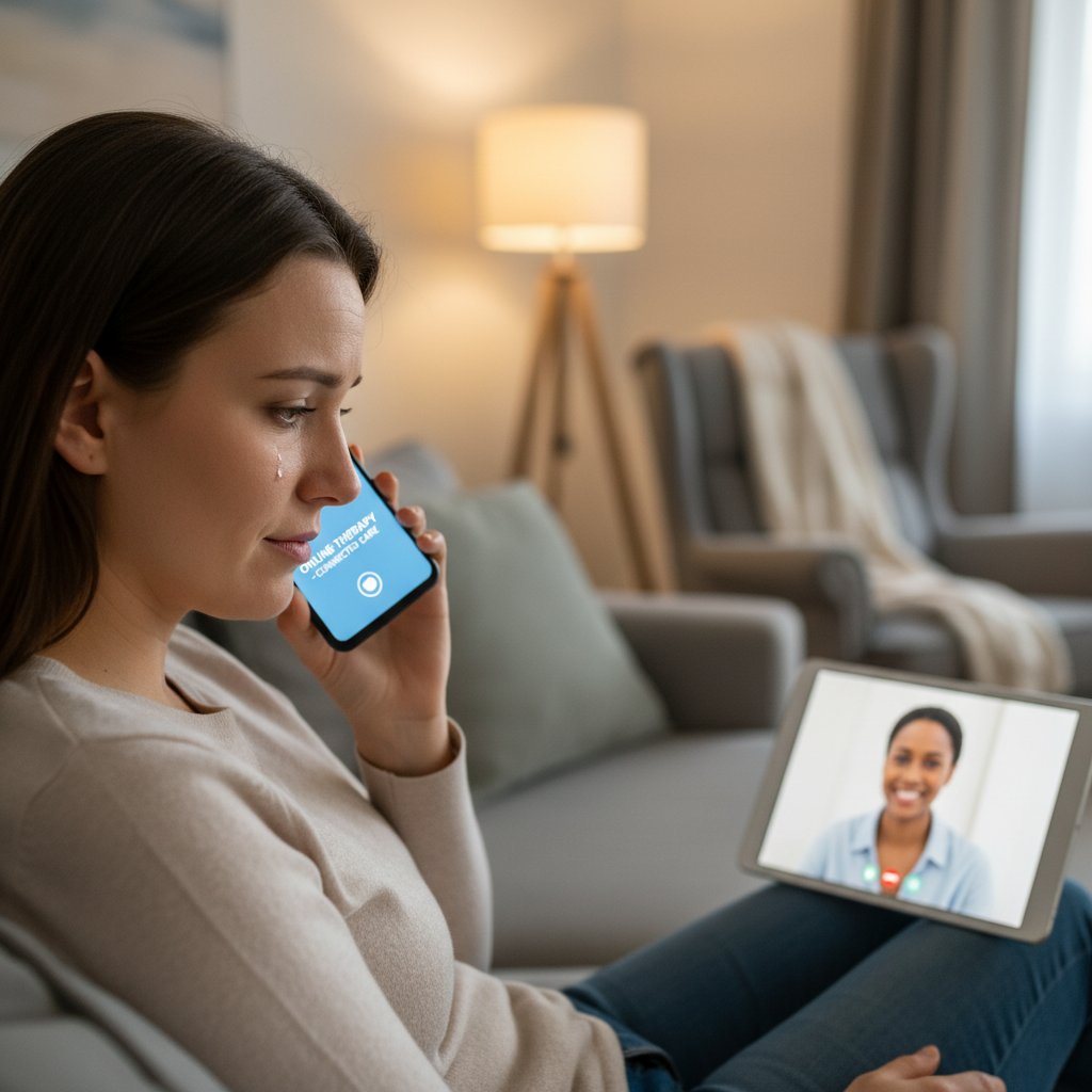 Osoba korzystająca z terapii online na smartfonie, skupienie i emocje na twarzy