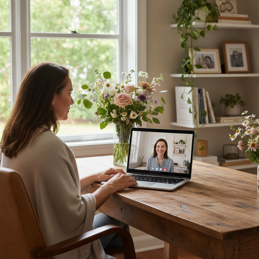 Osoba prowadząca wideorozmowę z terapeutą na laptopie, domowe zacisze, kwiaty na biurku