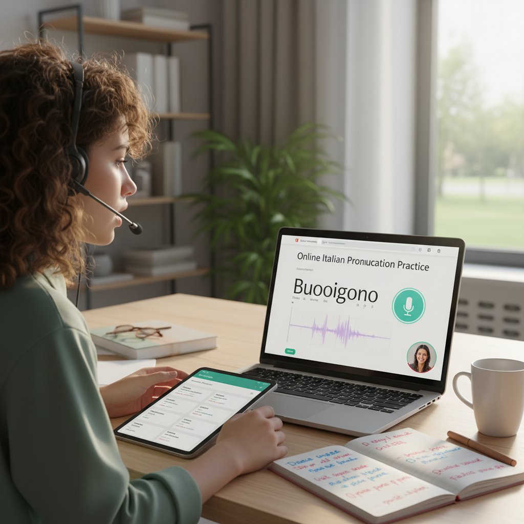 Osoba korzystająca z kilku narzędzi online do nauki włoskiej wymowy