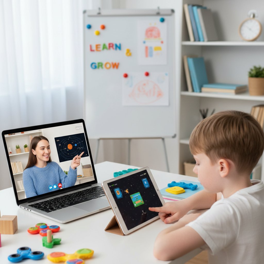 Korepetytor pracujący zdalnie, otoczony materiałami dydaktycznymi i komputerem, skupiony na dziecku z autyzmem