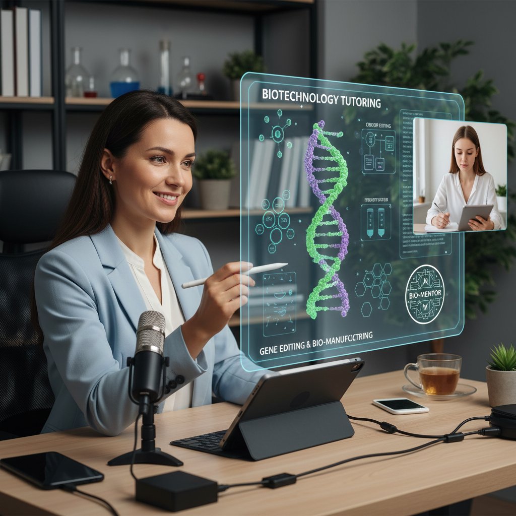Portret nowoczesnego korepetytora biotechnologii prowadzącego lekcje online, narzędzia cyfrowe w tle, słowa kluczowe: korepetytor online, biotechnologia, nauczanie zdalne