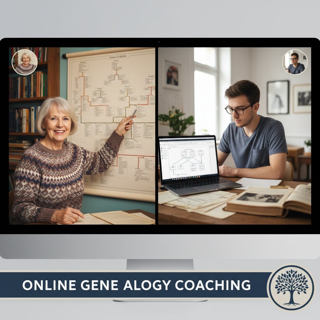 Korepetytor online prowadzący lekcję genealogii przez wideo połączenie, z widocznym drzewem genealogicznym na ekranie