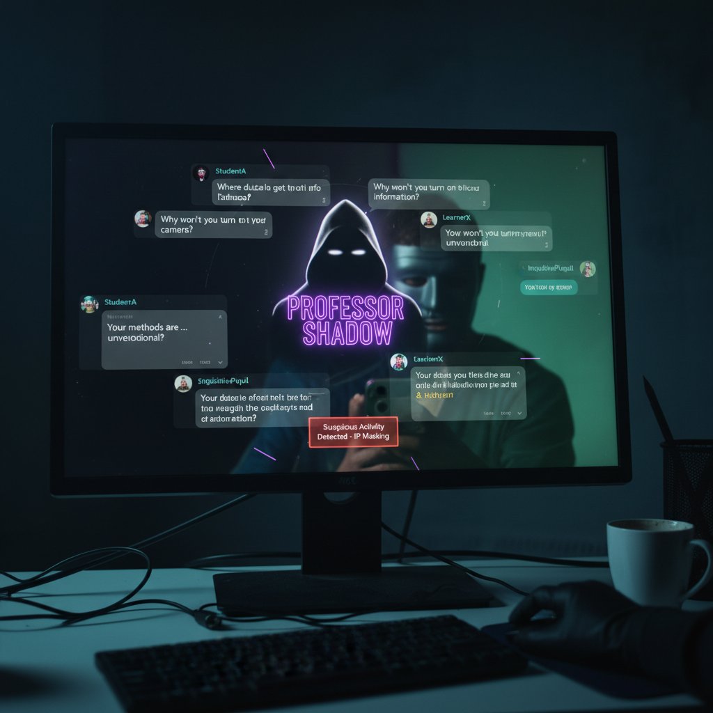 Ilustracja: fałszywy nauczyciel online z ukrytą tożsamością, ekran komputera z kilkoma oknami rozmów, klimat podejrzliwości