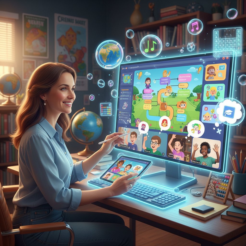 Nauczyciel korzystający z interaktywnych narzędzi podczas lekcji online z elementami improwizacji