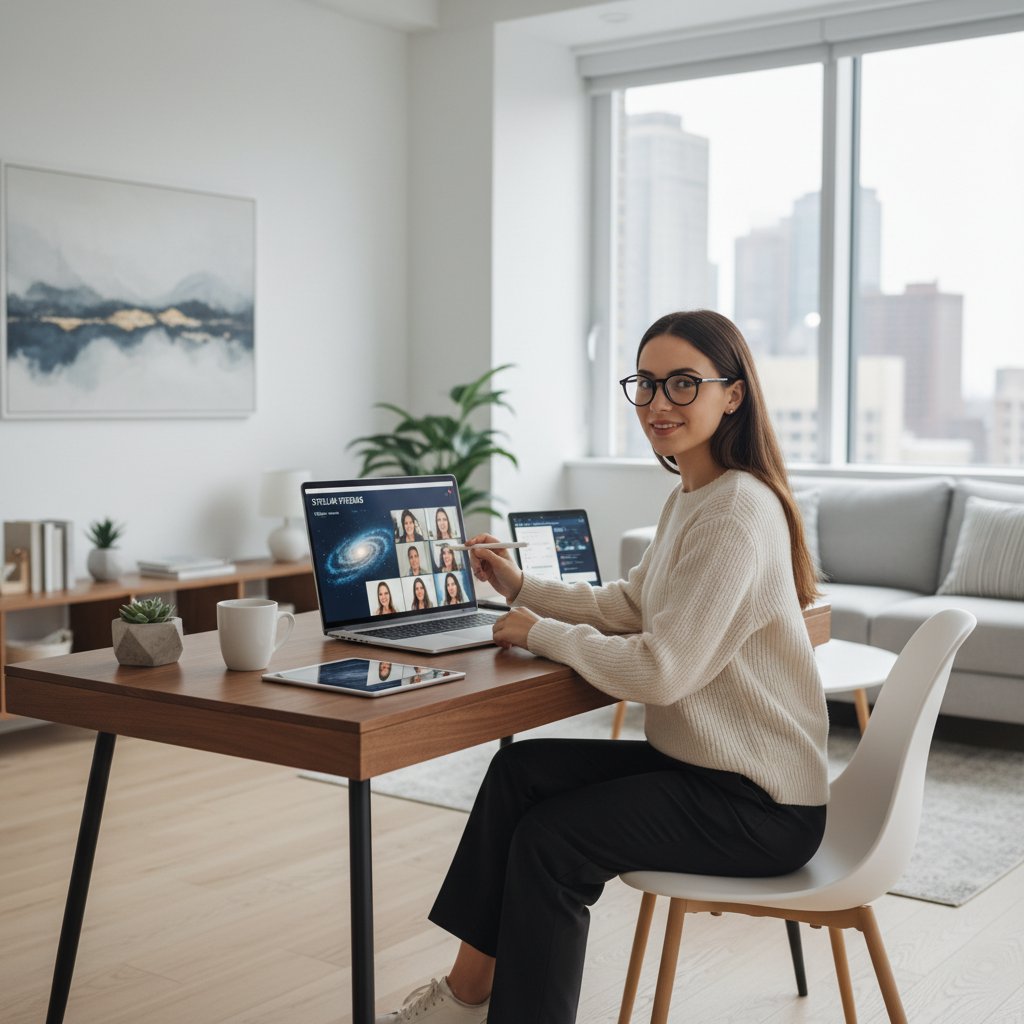 Nowoczesny nauczyciel prowadzący zdalne korepetycje przed kamerą w minimalistycznym mieszkaniu