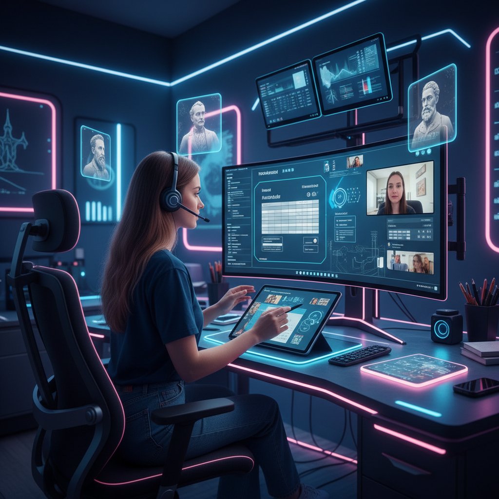 Portret nauczyciela online prowadzącego lekcję polskiego, nowoczesna technologia, laptop, skupienie