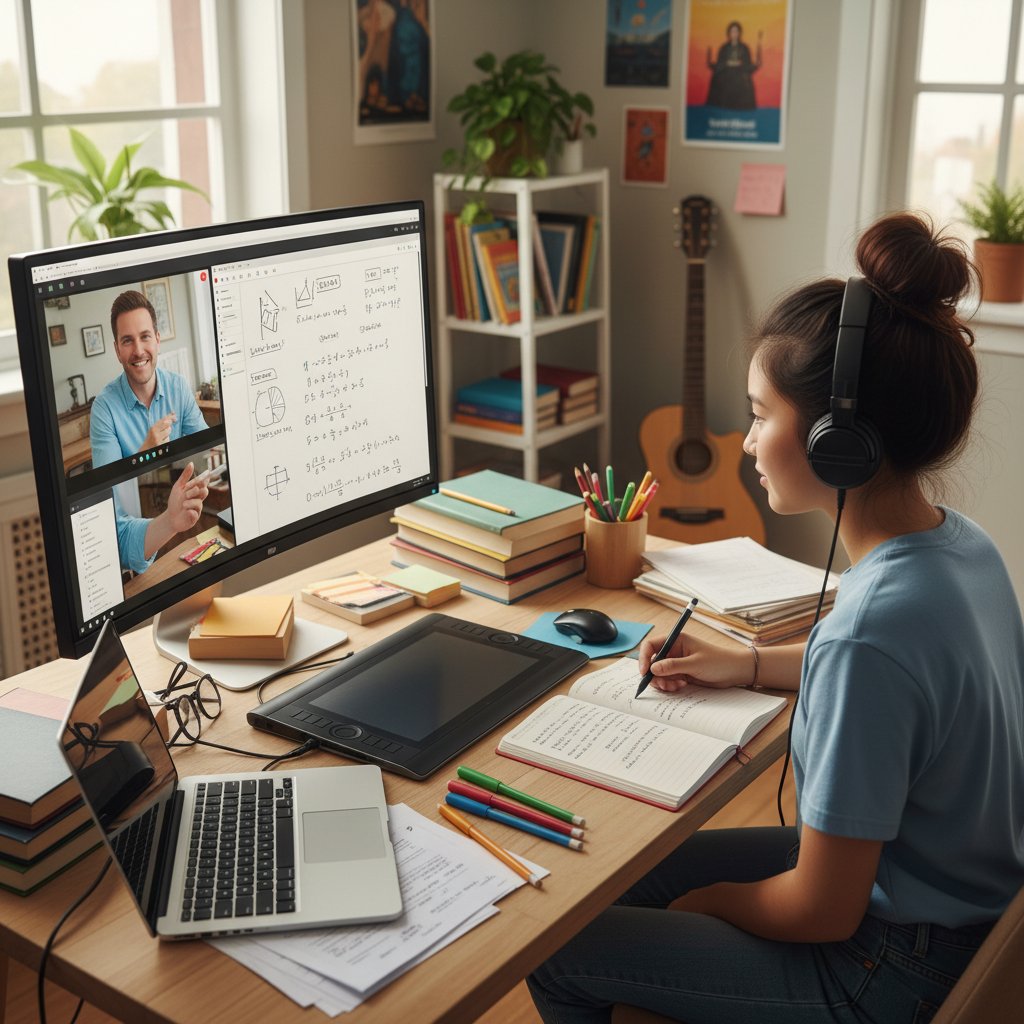 Nauczyciel prowadzący lekcję online ze studentem, ekran komputera i notatki