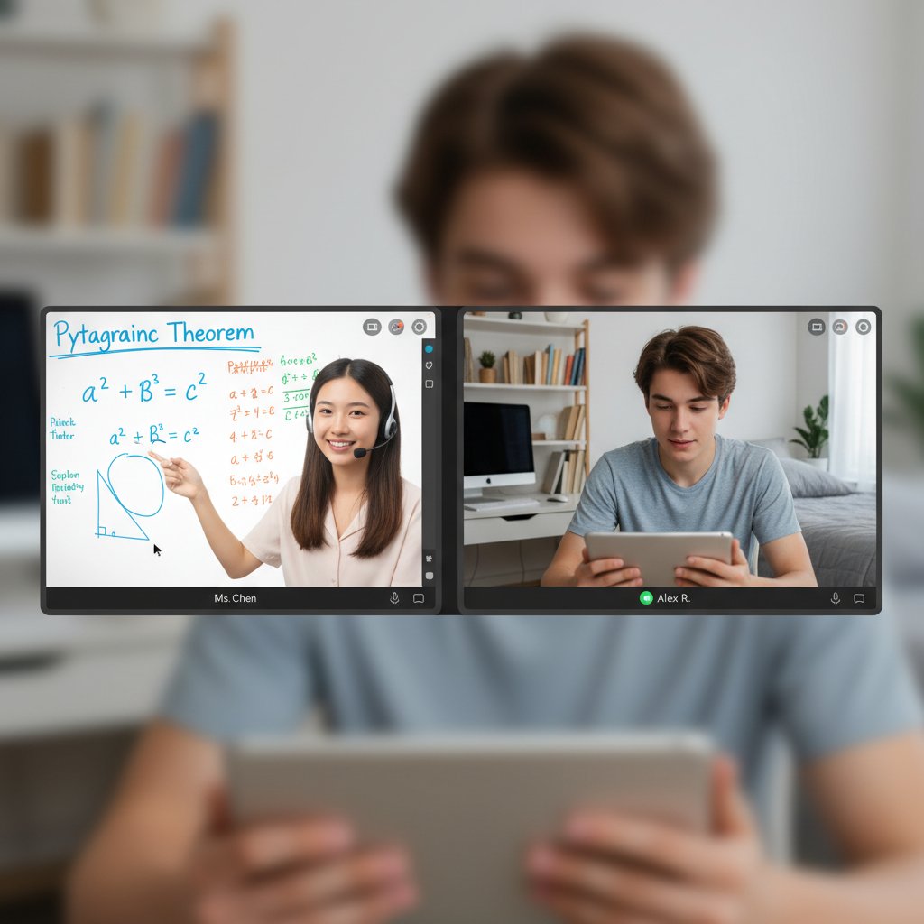 Korepetytor online rozmawia z uczniem przez wideorozmowę, w tle tablica i cyfrowe materiały