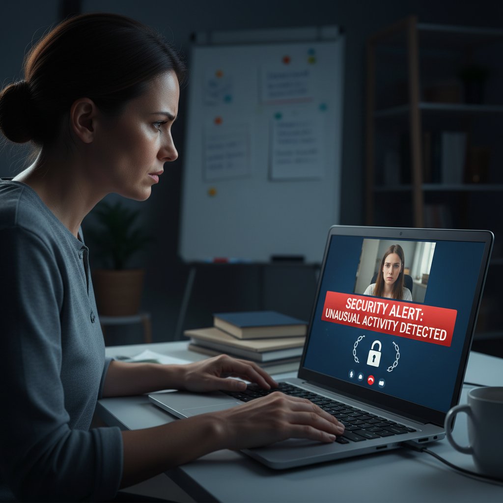 Nauczyciel podczas wideolekcji, laptop, telefon z alertem bezpieczeństwa, atmosfera napięcia