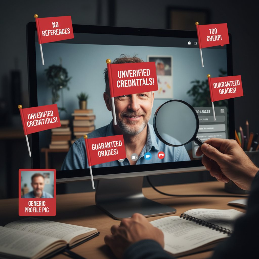 Korepetytor online z czerwonymi flagami ostrzegawczymi, zdjęcie kontekstowe