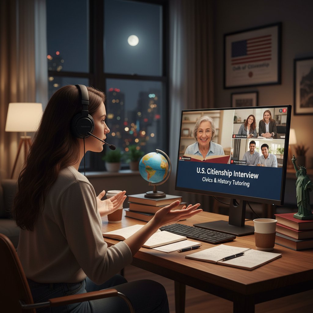 Osoba ucząca się online na laptopie w nocnym mieszkaniu, symbolizująca korepetycje online do obywatelstwa