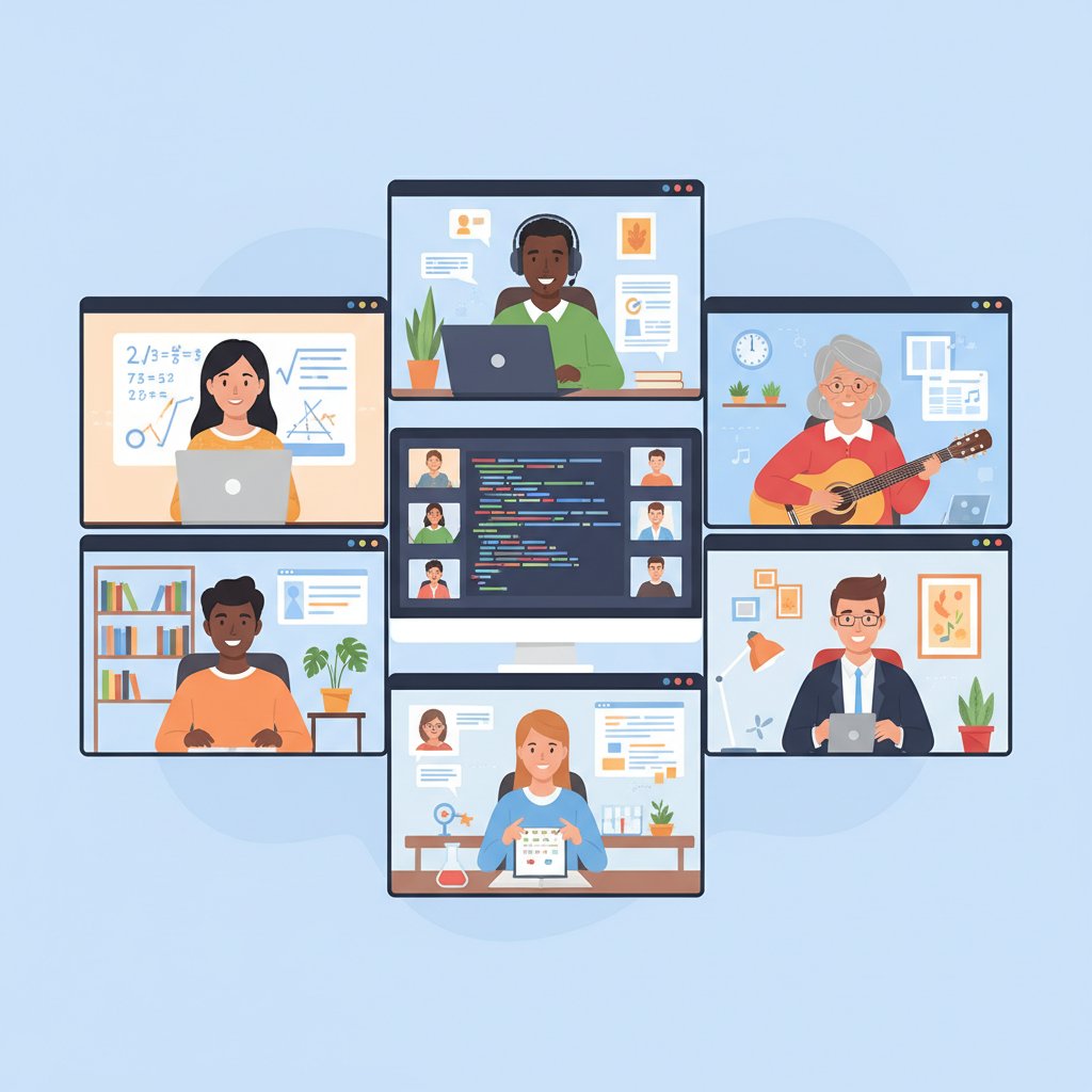 Portrety różnych korepetytorów online, zróżnicowane środowiska pracy