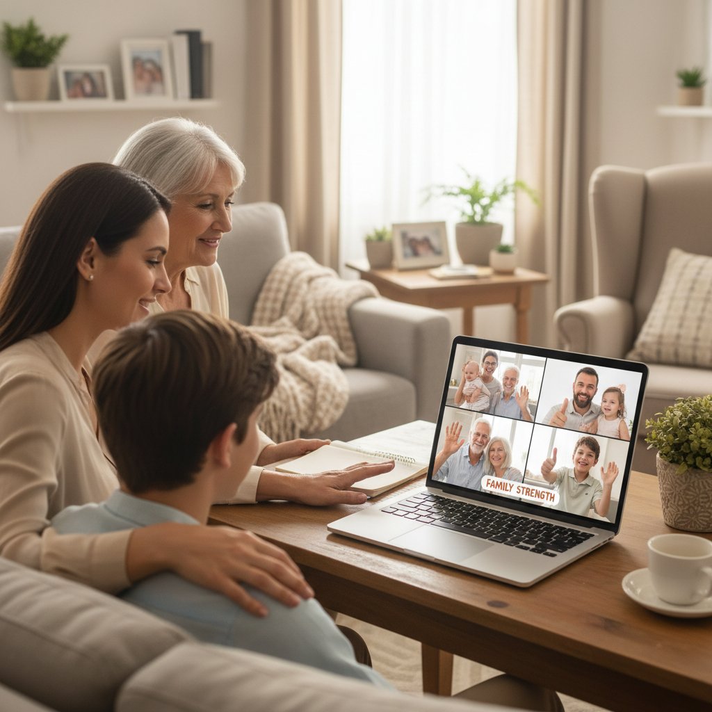 Osoba podczas wideorozmowy na laptopie, z rodziną lub przyjaciółmi, symbolizująca wsparcie online po pandemii