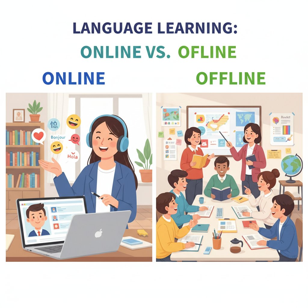 Porównawcze zdjęcie: uczeń korzystający z kursu online i drugi na lekcji stacjonarnej, oba uśmiechnięci